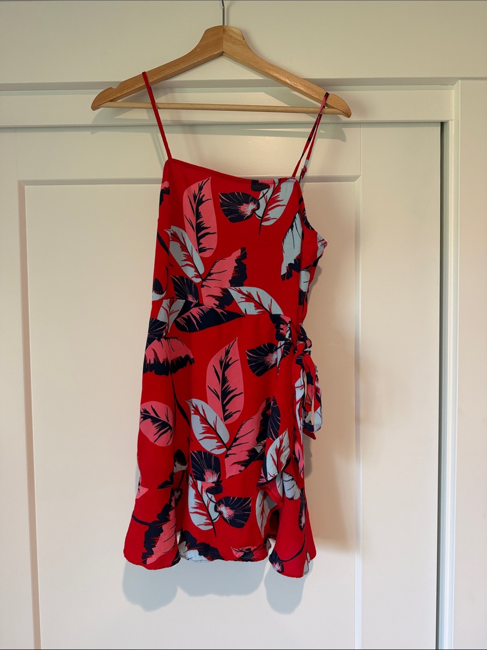 Express Red Tropical Leaf Wrap Mini Dress
